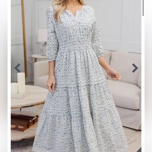 Light Blue Printed Maxi Dress with Smocked Waist